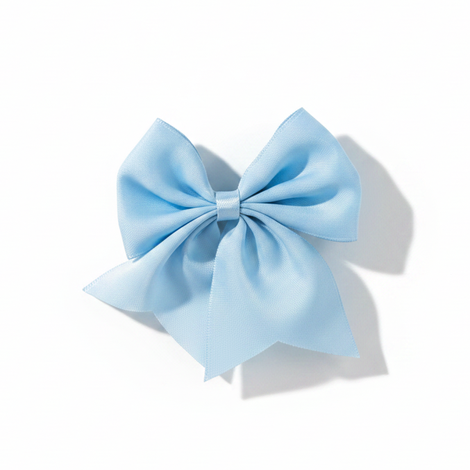 Fiocco in raso azzurro Scotton 60×70 mm, conf. 12 pz: finitura lucida, pronto all'uso per bomboniere e cerimonie.