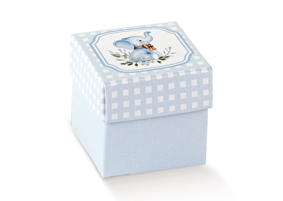 Scatolina Scotton elefantino azzurro cartoncino 5×5×5cm CONF 10 PZ. Bomboniera battesimo maschio, baby shower e nascita. ean 8007402366224