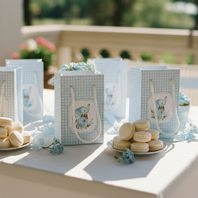 Shop box Scotton elefantino azzurro cartoncino 9×9×14cm CONF 10 PZ. Bomboniera alta battesimo maschio e baby shower. ean 8007402365289