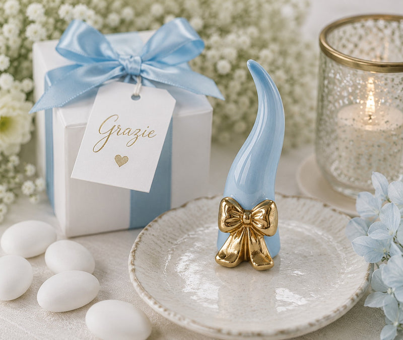 cupidoco cupidoco cornetto celeste con fiocco oro h 120 mm con scatola ideale bomboniera ean 8058196016277