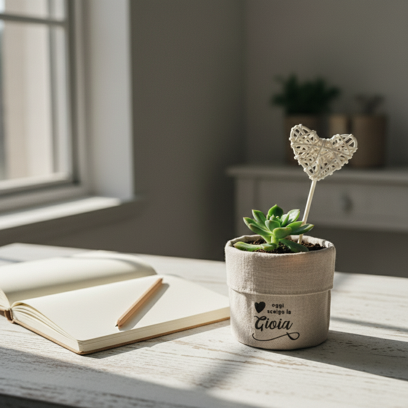 Positività e verde: Etm Heart portapiantina terracotta tessuto Ø 9 cm, scritta motivazionale, 3 varianti. Bomboniera green.