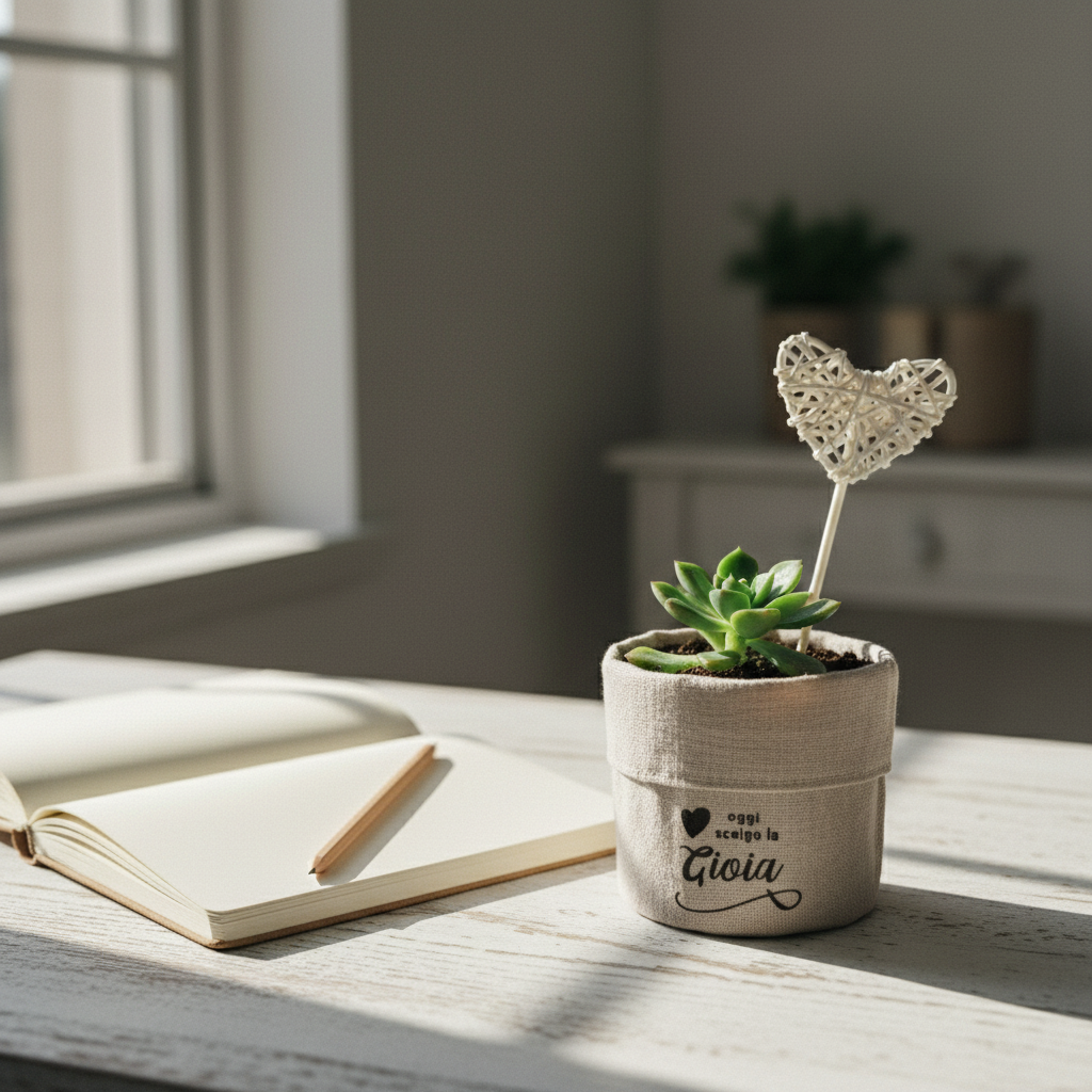 Positività e verde: Etm Heart portapiantina terracotta tessuto Ø 9 cm, scritta motivazionale, 3 varianti. Bomboniera green.