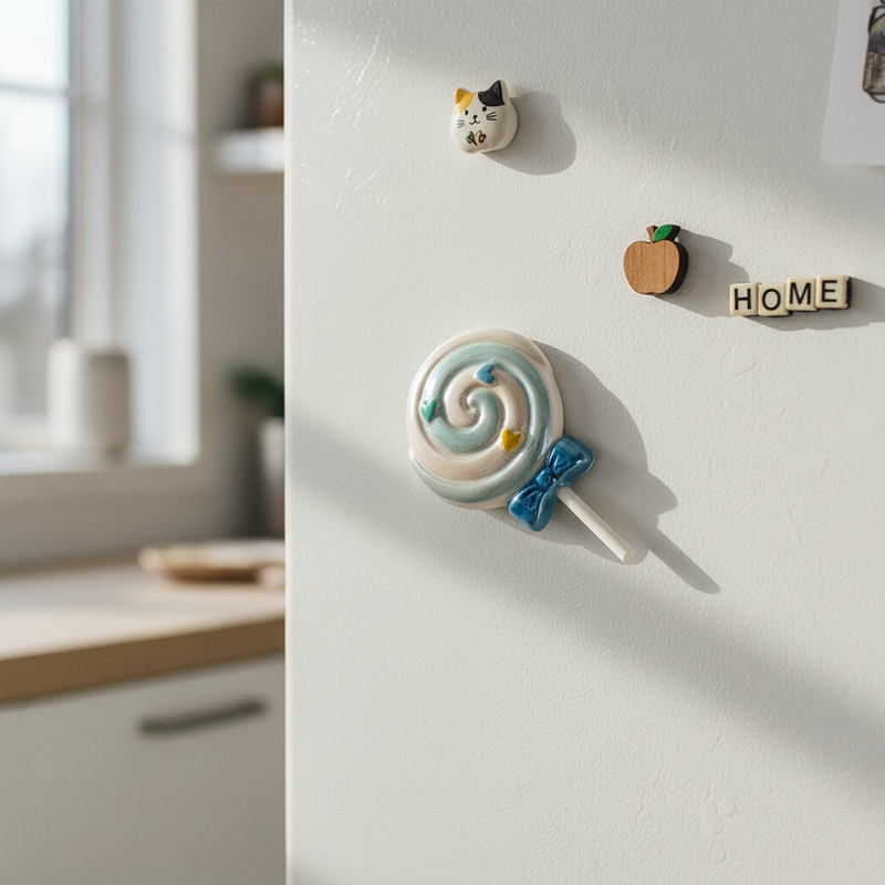 Decora il frigo con il magnete lecca-lecca Etm Lollipop in PVC celeste, ø 8 cm. Bomboniera battesimo originale e colorata.