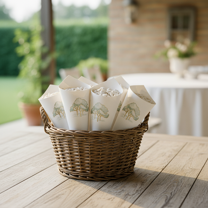Cono confettata Scotton intrecci verde stampa a caldo cartoncino 19 cm, set 10 pz. Matrimoni e cerimonie eleganti. CONF 10 PZ EAN 8007402372058