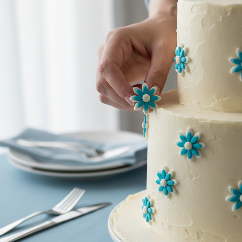 Decora torte e cupcake con Karma Margherite Bicolor Celeste in zucchero, conf. 6 pz. Edibili, pronte all'uso.