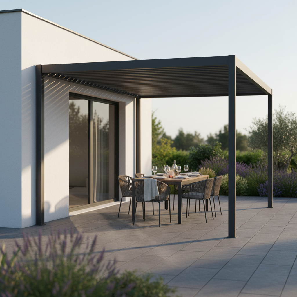 Pergola bioclimatica Garage 3x4 m antracite in alluminio, lamelle orientabili, scarico integrato