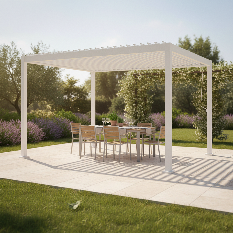 Pergola bioclimatica Vulcano 3x4 m bianca in alluminio, lamelle orientabili a manovella, garanzia 10 anni.