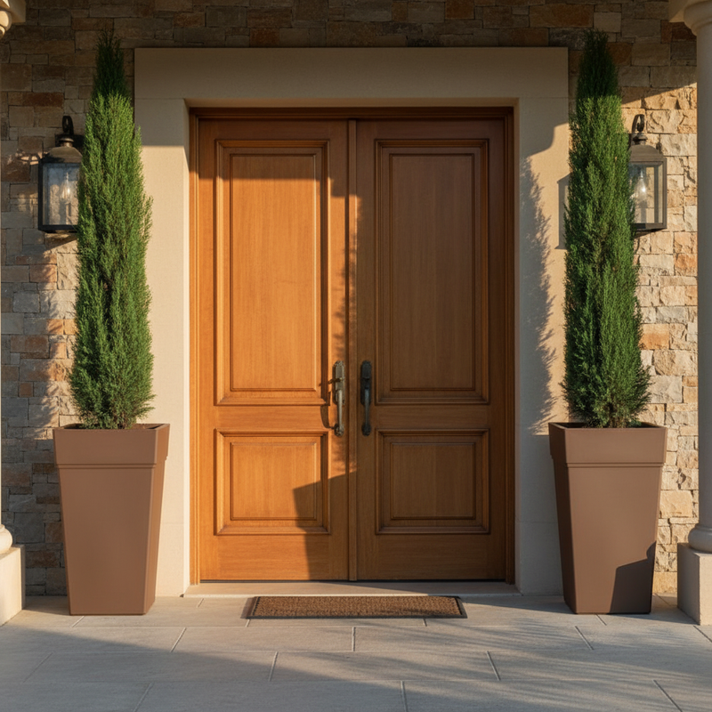 Scena 3 – Ingresso resort, coppia colonne Bruno 80 cm con cipressi