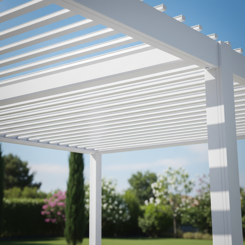 Pergola bioclimatica Vulcano 3x4 m bianca in alluminio, lamelle orientabili a manovella, garanzia 10 anni.