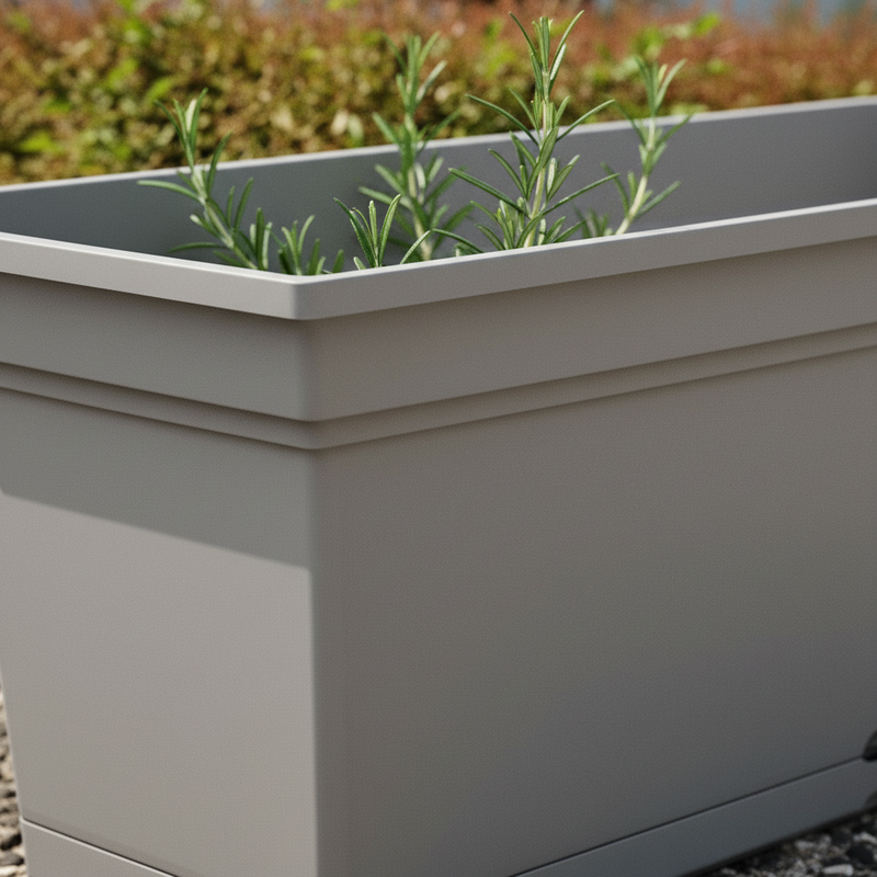Scena 2 – Detail shot, bordo rettangolare e superficie resina Fog Grey