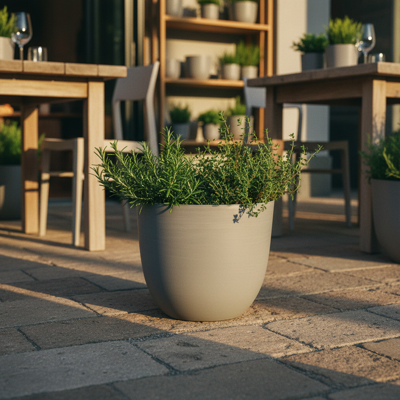 Vaso basso in plastica riciclata CO2-neutro per interno ed esterno. TeraPlast Over 48 Nebbia, 48×48×H40 cm, –30°/+60°C. ean-8051560177901