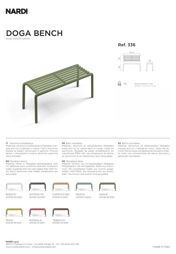 Nardi Doga Bench New Panchina da Esterno Tabacco 102,5 x 44 x 39 cm – Panchina Moderna per Giardino e Terrazzo