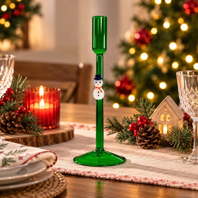 WD LifeStyle Portacandela Pupazzo di Neve Verde in Vetro – Decorazione Natalizia