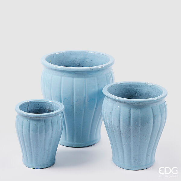 EDG Enzo De Gasperi Glaze Flared Striped Vase Set 3 Pcs H 40 Cm H 33 Cm H 25.50 Cm Light Blue