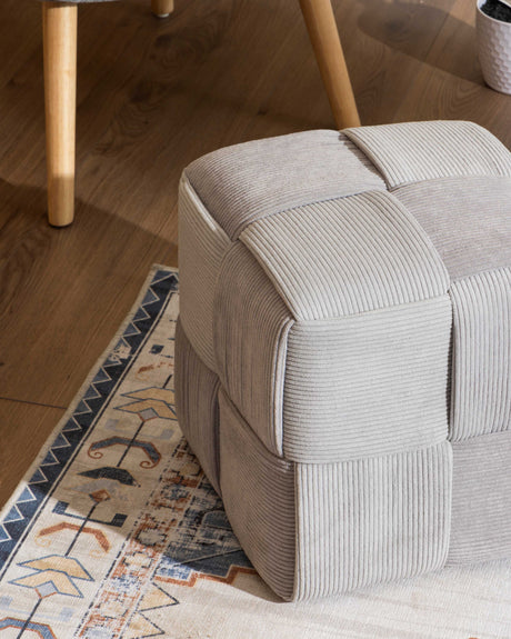 Dimo Pouf Brady in Quilted Corduroy Velvet, Light Grey
