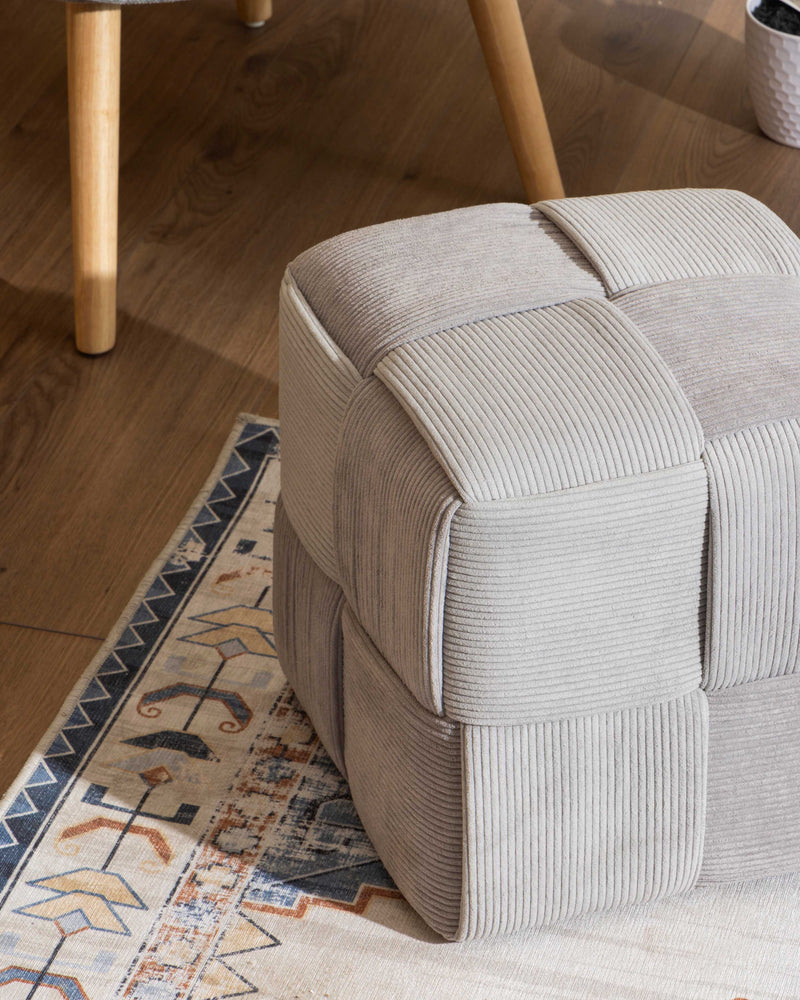 Dimo Pouf Brady in Quilted Corduroy Velvet, Light Grey