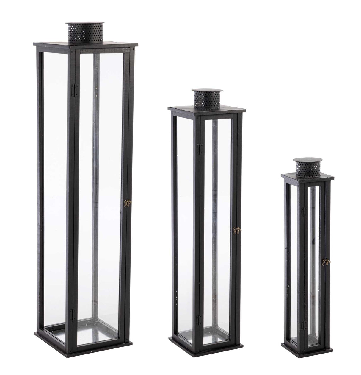 Set of 3 Torsti Black Lanterns in Wood, Glass and Metal 