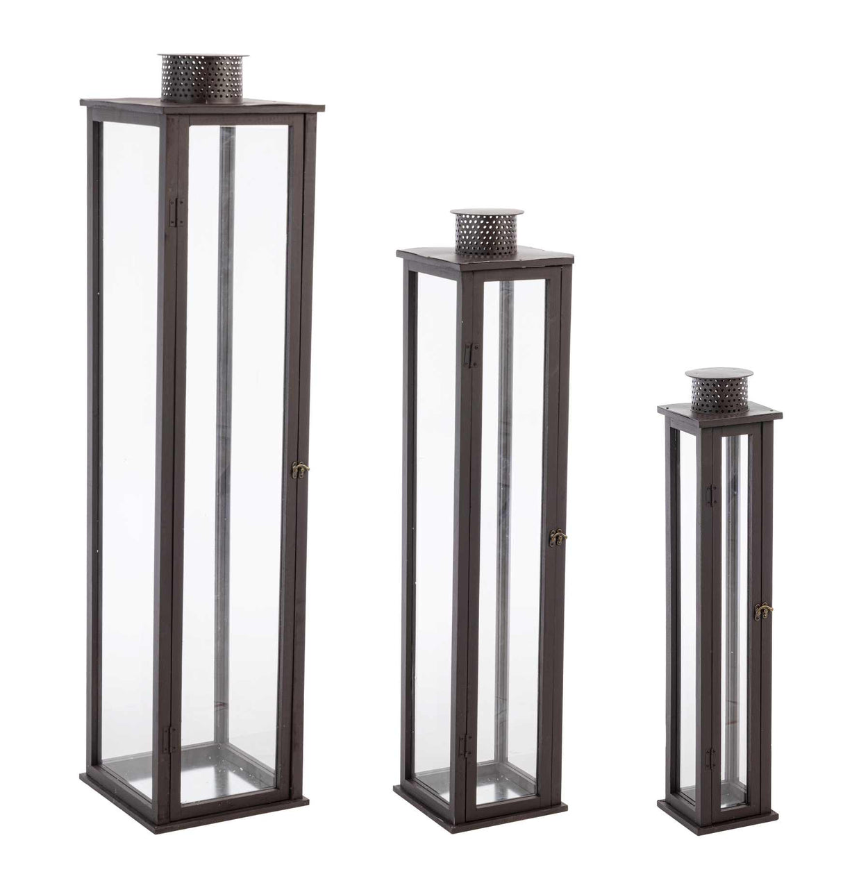 Set of 3 Torsti Brown Lanterns in Wood, Glass and Metal 