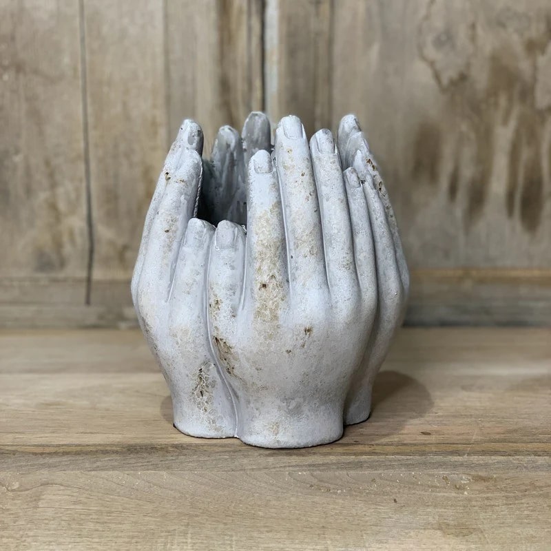 EDG Enzo De Gasperi Cement Vase Hands H 22 Cm D 19 Cm Light Grey Waterproof