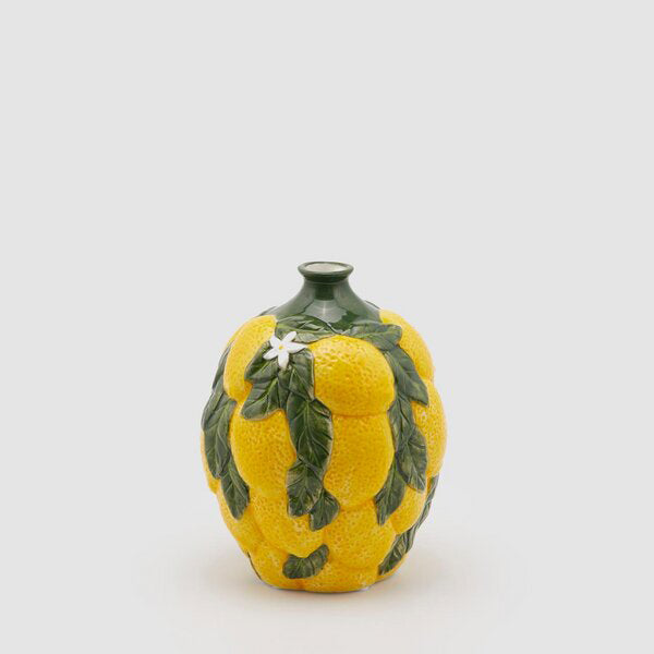 Vase of Lemons with Leaves H 19cm D 14cm Yellow Green 