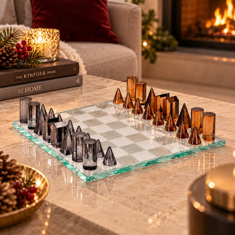 Bizzotto Carlson Chess Decoration Transparent Silver and Amber 37x37 cm – Elegant Home Furnishing and Christmas Gift Idea
