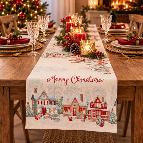 Bizzotto Christmas Runner Village White 183x33 cm – Decorative Table Centrepiece for Your Christmas Table