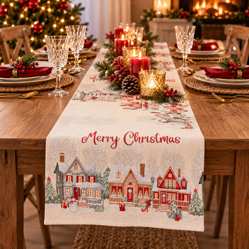 Bizzotto Christmas Runner Village White 183x33 cm – Decorative Table Centrepiece for Your Christmas Table