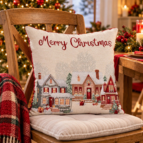 Bizzotto Christmas Cushion Cover Village White 45x45 cm – Decorative Cushion Cover for Sofa and Home Décor
