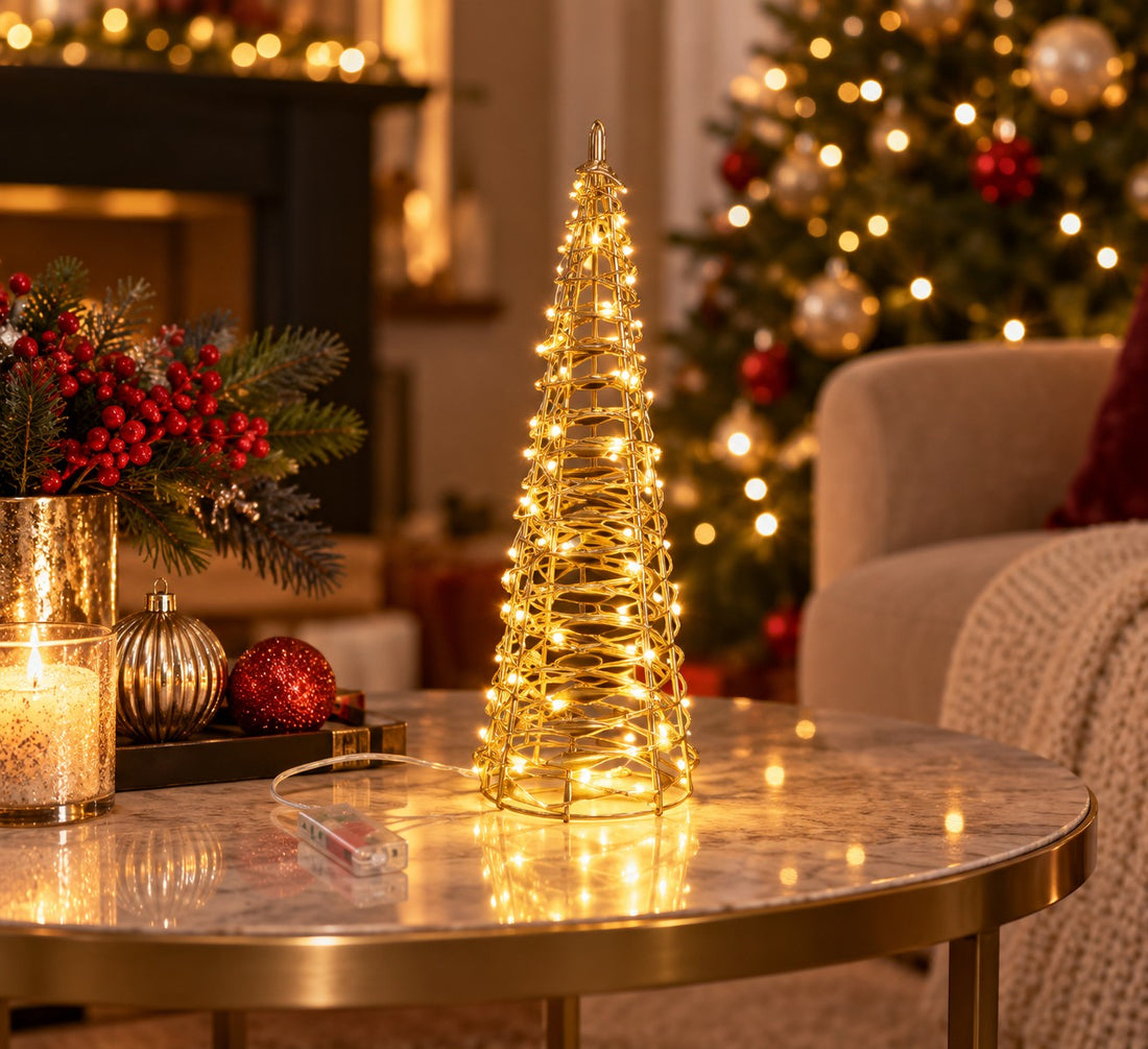 Bizzotto Christmas Cone Kinsey 30 MicroLED Battery-Powered IP20 H 60 Cm D 16 Cm Classic Gold