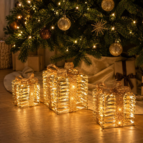Bizzotto Set of 3 Kinsey Gift Boxes with Micro LEDs, Classic D 15x17, D 20x23 and D 25x30 cm Luminous Christmas Decorations