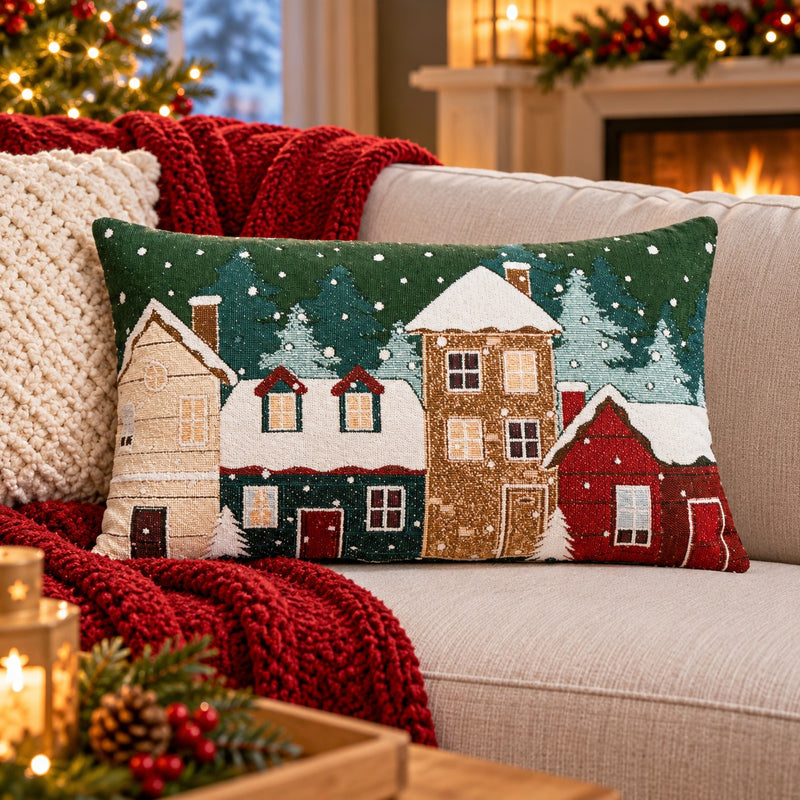 Bizzotto Christmas Cushion Snowlyn Green Landscape 30x50 cm – Removable Decorative Christmas Cushion with Polyester Cover and Filling