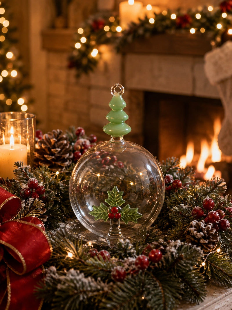Bizzotto Sphere Glass Mistletoe Pine D10 cm - Christmas Decoration