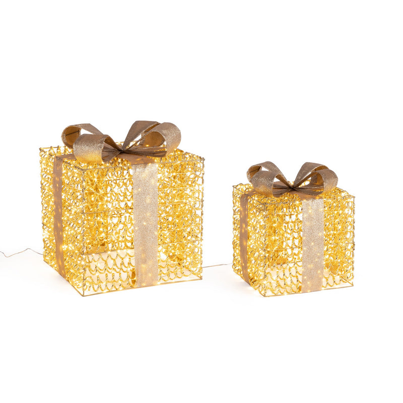 Bizzotto Set of 2 Zoe Gold Gift Boxes with Micro LED Classic 30x30x36 and 40x40x47 cm Light-Up Christmas Decorations