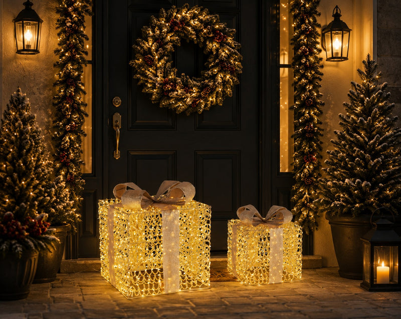 Bizzotto Set of 2 Zoe Gold Gift Boxes with Micro LED Classic 30x30x36 and 40x40x47 cm Light-Up Christmas Decorations