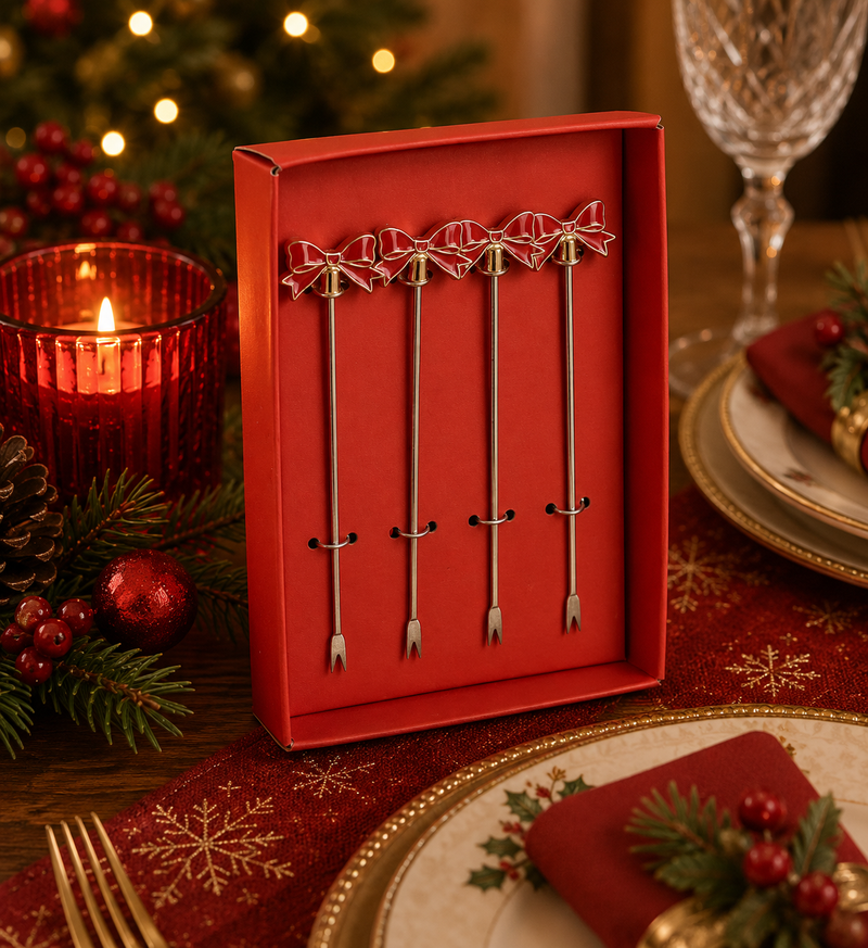 Bizzotto Pack of 4 Atena Skewers with Bow Christmas Decorations for Appetizers and Table