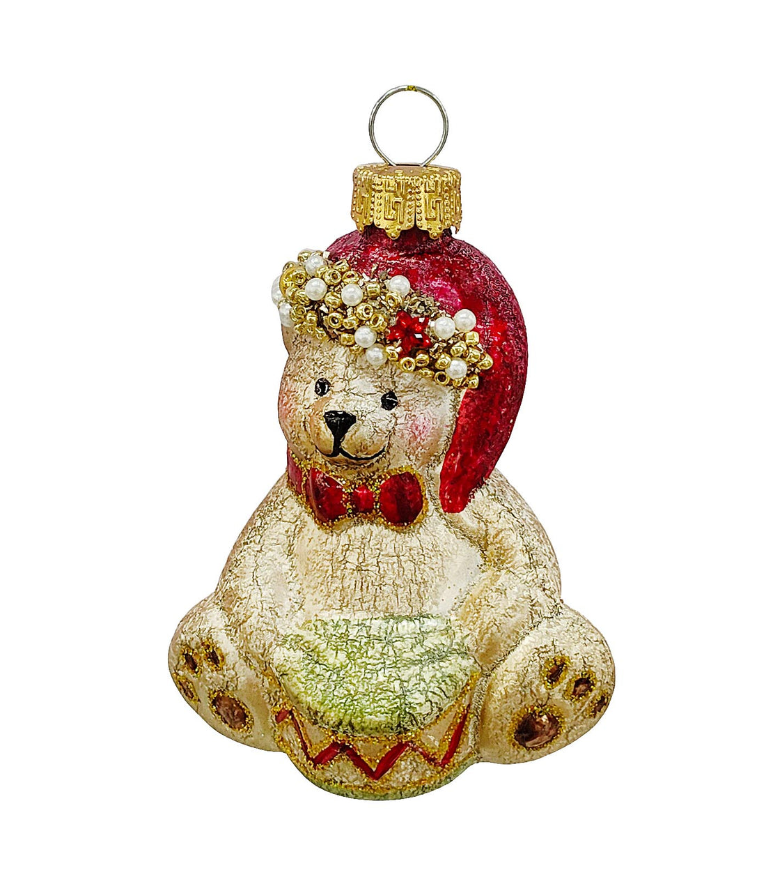 Bizzotto Hug Bear Glass Pendant with Drum H 7.9 cm Christmas Tree Decoration