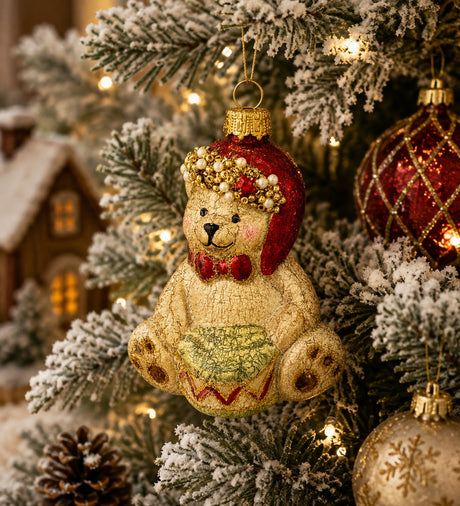Bizzotto Hug Bear Glass Pendant with Drum H 7.9 cm Christmas Tree Decoration