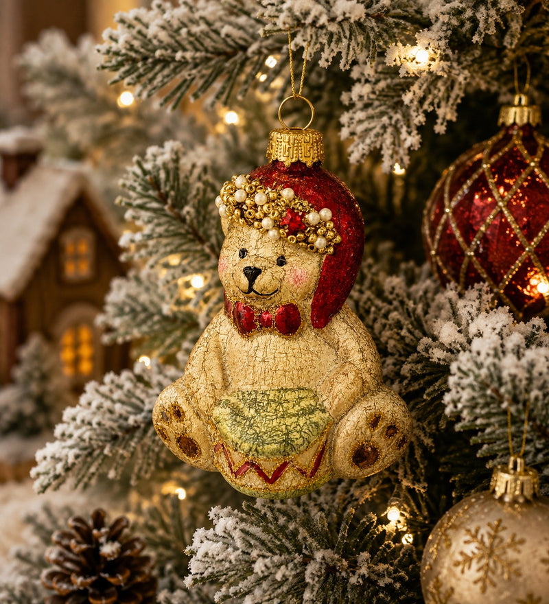 Bizzotto Hug Bear Glass Pendant with Drum H 7.9 cm Christmas Tree Decoration