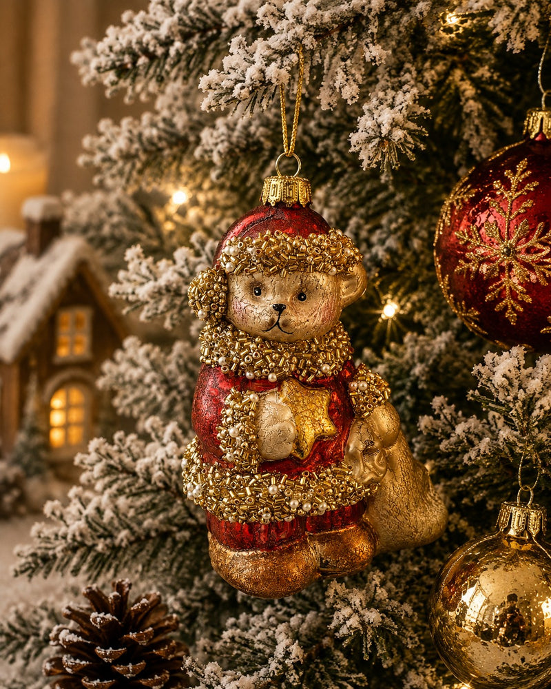 Bizzotto Hug Bear Glass Pendant with Star H 11 cm Christmas Tree Decoration