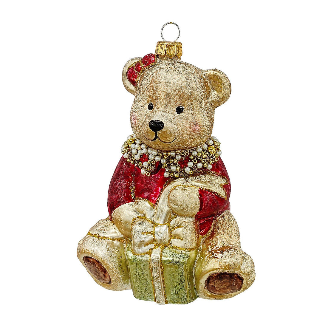 Bizzotto Glass Hug Bear with Gift Hanging Decoration H 13.5 cm for Christmas Tree