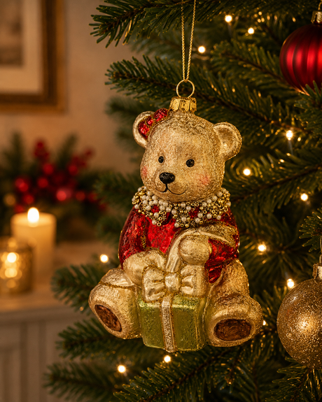 Bizzotto Glass Hug Bear with Gift Hanging Decoration H 13.5 cm for Christmas Tree