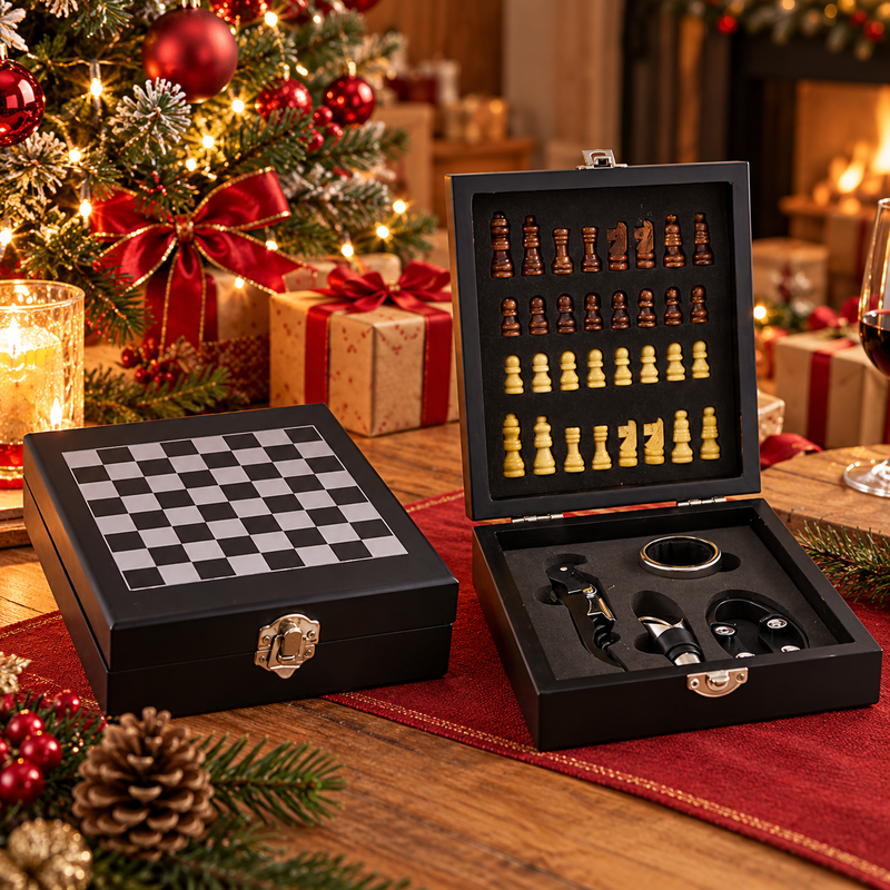 L'Arcolaio Wooden Set Vino 4 Pezzi con Scacchiera – Cofanetto Quadrato in Legno con Accessori Vino e Gioco Scacchi