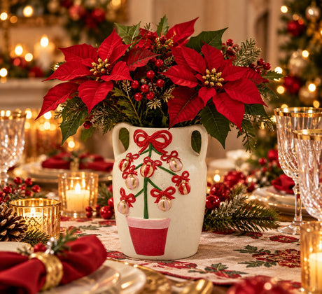EDG Enzo De Gasperi Vaso Anfora Pino con Decori White Red H25 Ø18 cm – Decorazione di Natale