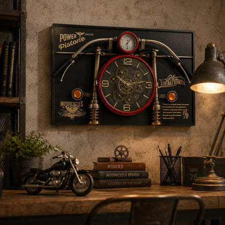 Ad Trend Vintage Red Motorcycle Wall Clock with Gears 90 x 60 x 17 Cm Metal