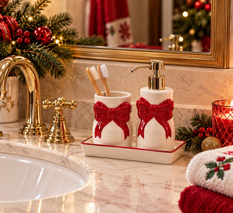 Ad Trend Christmas Bathroom Set 2 Pieces in Ceramic with Assorted Tray 19x10 cm 1 Set – Christmas Bathroom Accessories