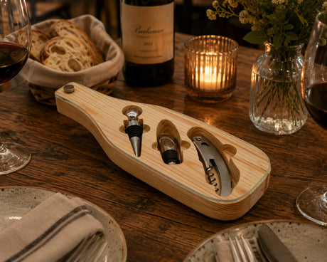 L'Arcolaio Wood Set Vino 3 Pezzi in Scatola a Forma di Bottiglia 28,5x10x3 cm Idea Regalo Enoteca
