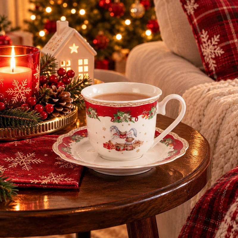 Ad Trend Christmas Tea Cup with Saucer Ø10xH8 cm – Tea Cup and Saucer Set for the Christmas Table