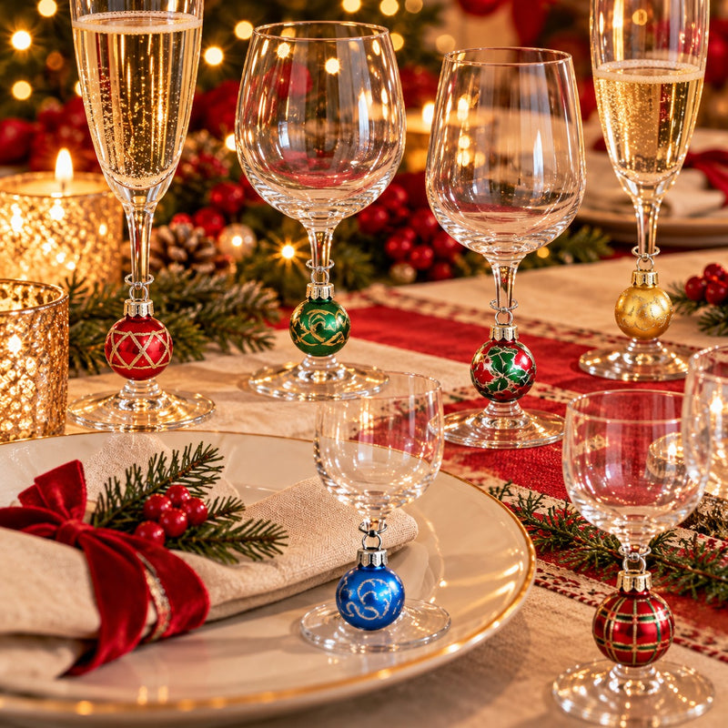 Ad Trend Set 6 Christmas Glass Wine Glass Markers in the Shape of Assorted Christmas Baubles 1 Pack – Decorative Table Accessories for Christmas