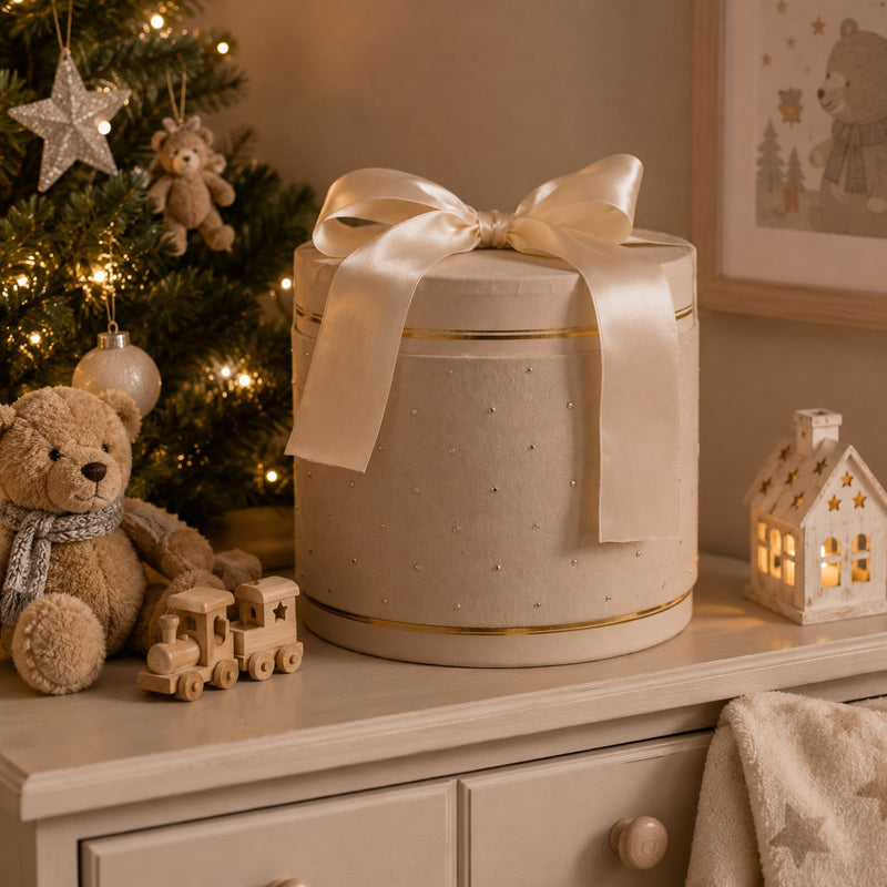 The Arcolaio Small Round Christmas Box in Taupe Gray Velvet