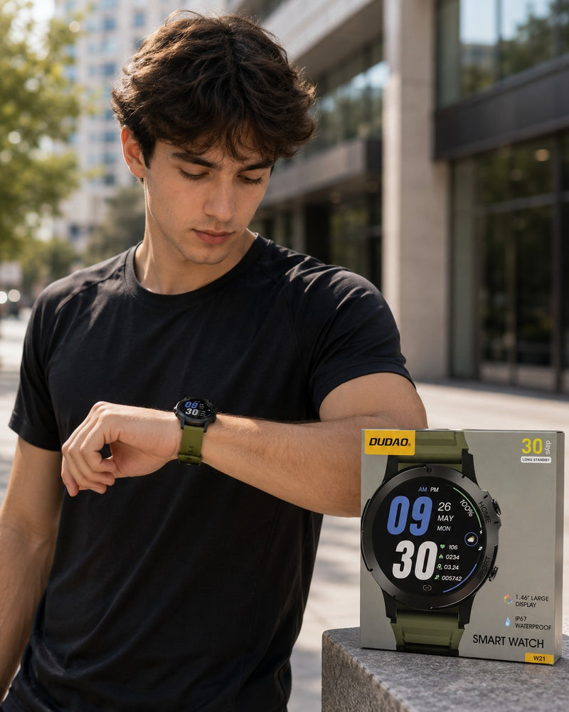 L'Arcolaio Smartwatch Bluetooth W21 with 1.46" Touch Display, IP67 Waterproof, Up to 30 Days Battery Life, Green Strap